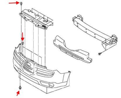 the scheme of fastening of the front bumper of the Subaru Tribeca B9 (2005-2007)