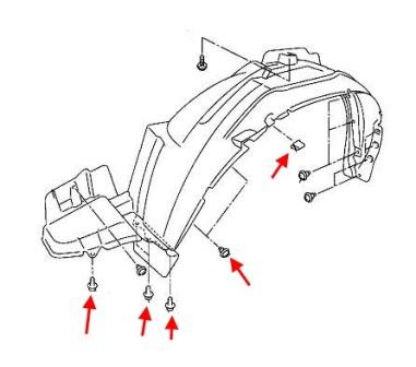 scheme of fastening of the front inner fender Subaru Forester SG (2002-2005)