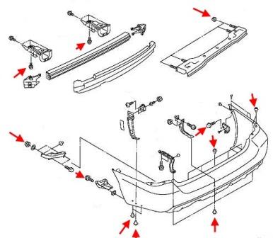 esquema de montaje del parachoques trasero Subaru Forester SG (2005-2008)