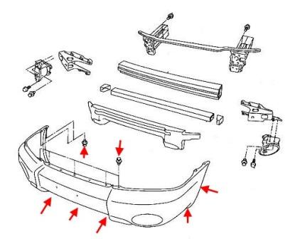 esquema de montaje del parachoques delantero Subaru Forester SG (2002-2005)