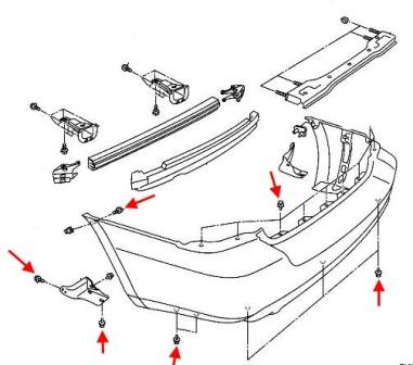 esquema de montaje del parachoques trasero Subaru Forester SG (2002-2005)