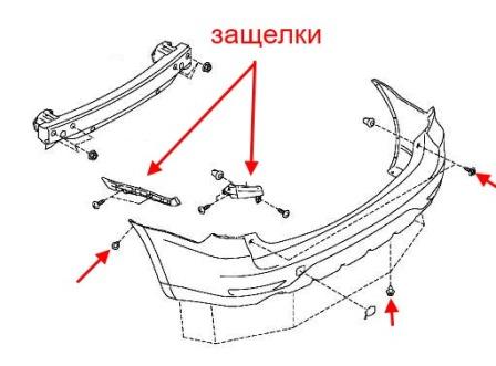 esquema de montaje del parachoques trasero Subaru Forester SH (2008-2013)