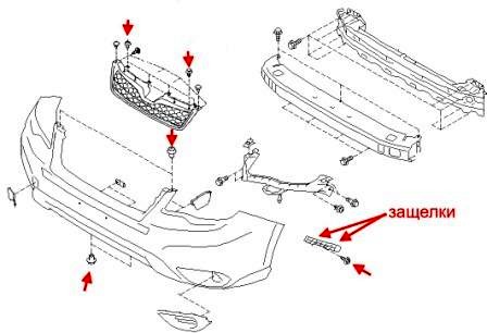 the scheme of fastening of the front bumper Subaru Forester SJ (2014)