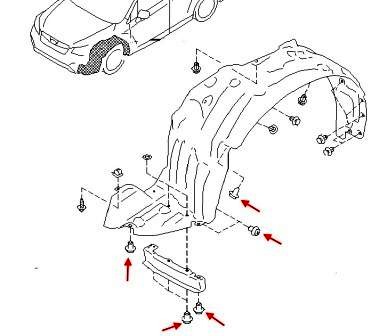 esquema de fijación del revestimiento del guardabarros delantero Subaru Forester SJ (desde 2014)