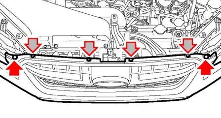 the scheme of fastening of the front bumper Subaru Impreza (2011-2016)