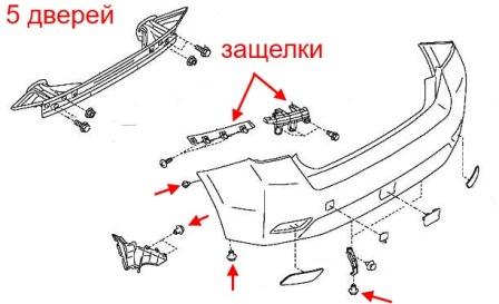 esquema de montaje del parachoques trasero Subaru Impreza (2011-2016)