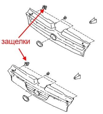 esquema de montaje de la rejilla del radiador Subaru Impreza (1992-2002)