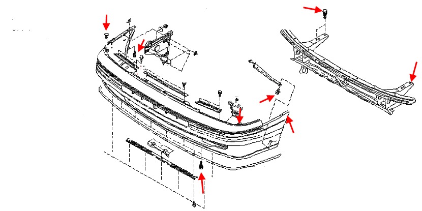 the scheme of fastening of the front bumper Subaru Legacy (1989-1994)