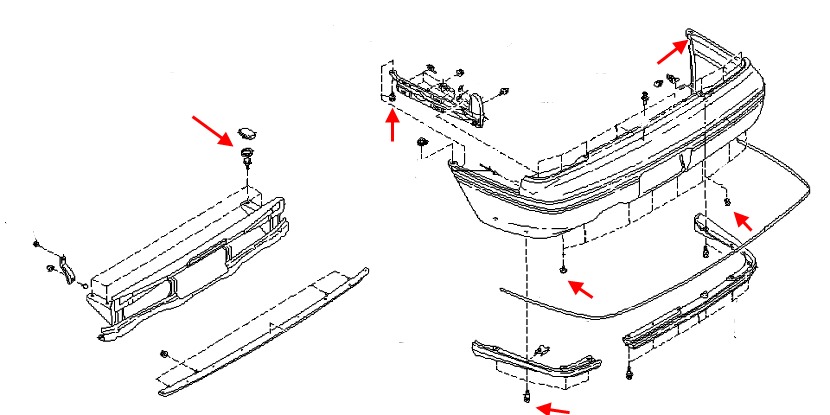 esquema de montaje del parachoques trasero Subaru Legacy (1989-1994)