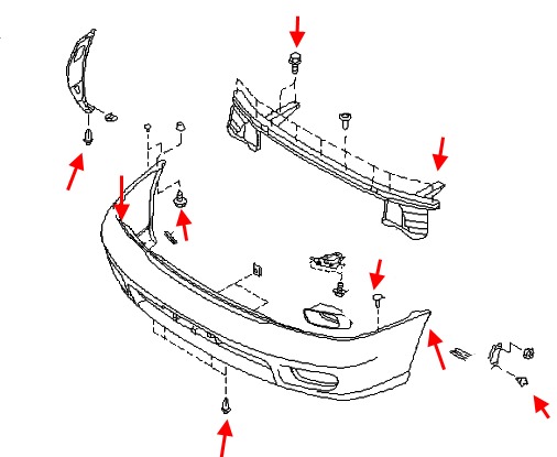 the scheme of fastening of the front bumper Subaru Legacy (1994-1998)