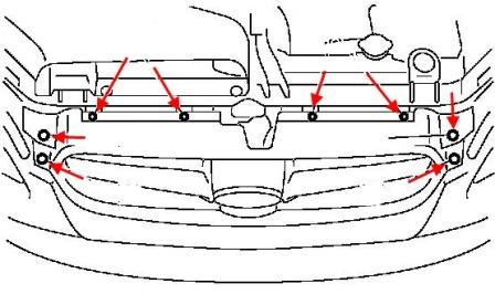 the scheme of fastening of the front bumper Subaru Legacy (2003-2009)