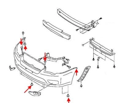 the scheme of fastening of the front bumper Subaru Legacy (2003-2009)