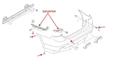 the scheme of fastening of the rear bumper Subaru Legacy (post 2014)
