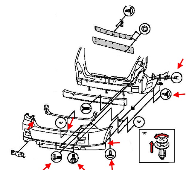 Diagrama de montaje del parachoques trasero Suzuki Aerio