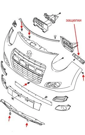the scheme of fastening of the front bumper Suzuki Alto (Maruti)