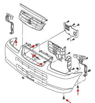 схема крепления переднего бампера Suzuki Alto (Maruti)
