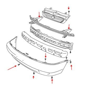 Diagrama de montaje del parachoques delantero Suzuki Baleno