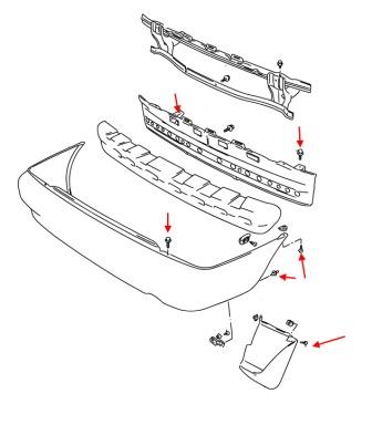 Diagrama de montaje del parachoques trasero Suzuki Baleno