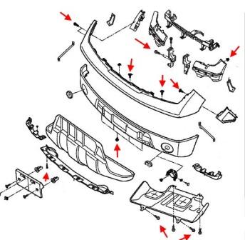 the scheme of fastening of the front bumper Suzuki Equator