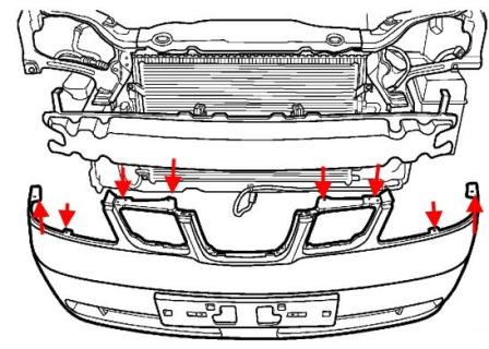 the scheme of fastening of the front bumper Suzuki Forenza (Reno)