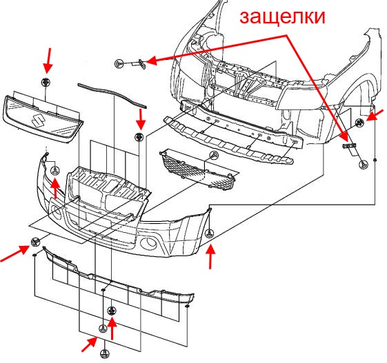 the scheme of fastening of the front bumper Suzuki Grand Vitara 3 (Escudo) (2005-2016)