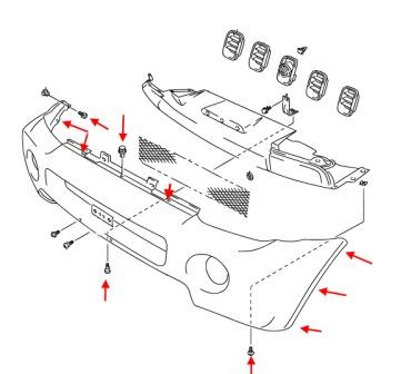 the scheme of fastening of the front bumper Suzuki Jimny (1998 -)