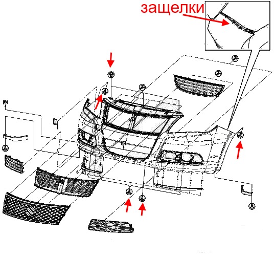 Diagrama de montaje del parachoques delantero Suzuki Kizashi
