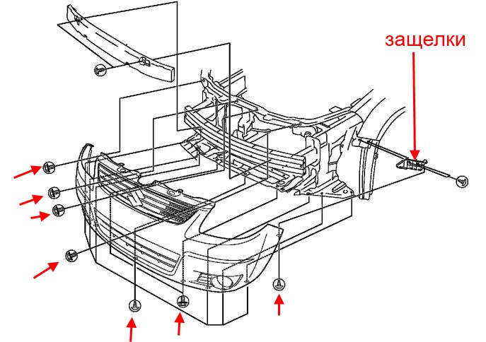Diagrama de montaje del parachoques delantero Suzuki SX4 (2006-2013)
