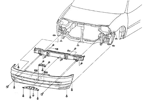 the scheme of fastening of the front bumper Suzuki Swift (1994-2004)