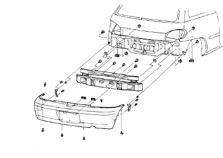 Diagrama de montaje del parachoques trasero Suzuki Swift (1994-2004)