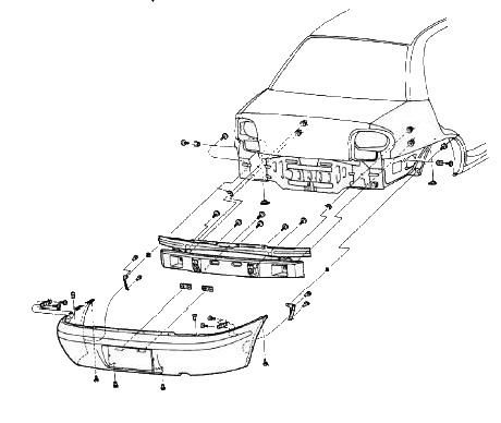 Diagrama de montaje del parachoques trasero Suzuki Swift (1994-2004)