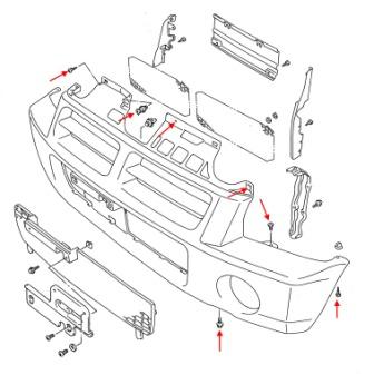 схема крепления переднего бампера Suzuki Wagon R+
