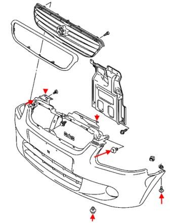схема крепления переднего бампера Suzuki Wagon R+