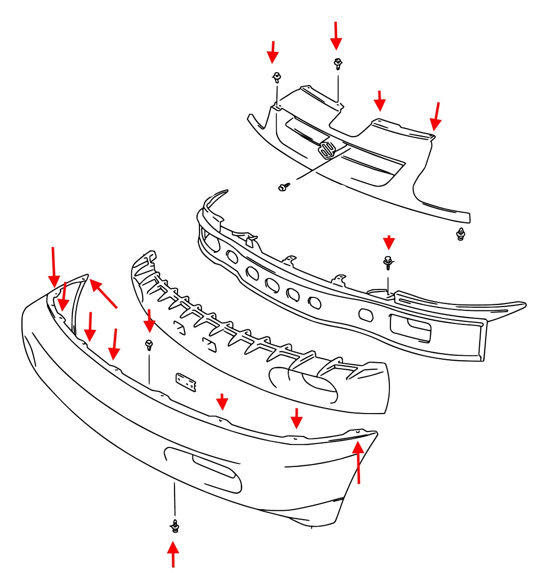 Diagrama de montaje del parachoques delantero Suzuki X90
