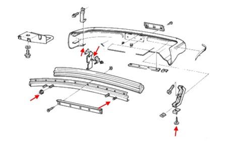 Diagrama de montaje del parachoques trasero del Volvo 480