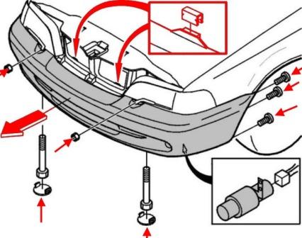 the scheme of fastening of the front bumper Volvo C70 (1997-2005)