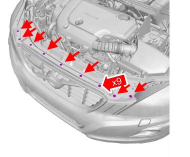 the scheme of fastening of the front bumper Volvo S60, XC60, XC70 (after 2010)