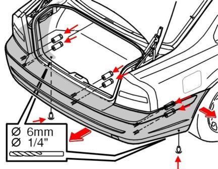 the scheme of fastening of the rear bumper Volvo S80 (1998-2006)