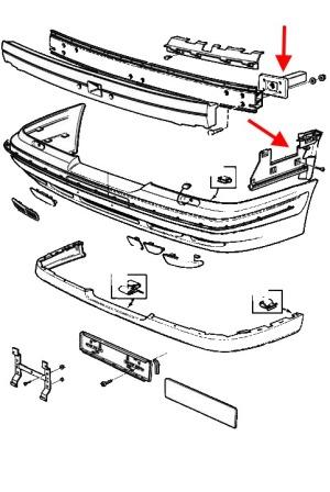 the scheme of fastening of the front bumper of the Volvo S90 (1997-1998)
