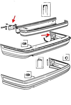 the scheme of fastening the rear bumper of the Volvo S90 (1997-1998)