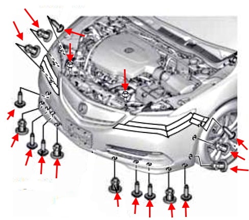 Схема крепления переднего бампера Acura TLX (2014+)