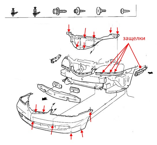 Diagrama de montaje del parachoques delantero del Acura CL