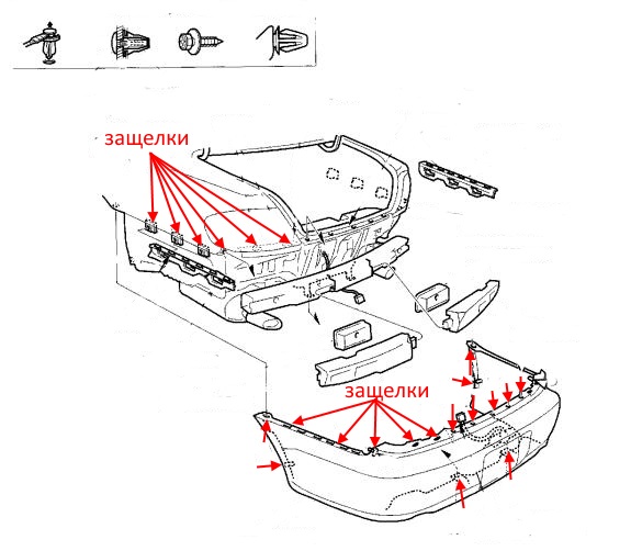 Diagrama de montaje del parachoques trasero del Acura CL