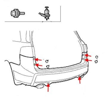 Diagrama de montaje del parachoques trasero del Acura MDX (2006-2013)