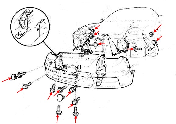Diagrama de montaje del parachoques delantero del Acura NSX