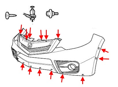 Diagrama de montaje del parachoques delantero del Acura RDX (2006-2012)