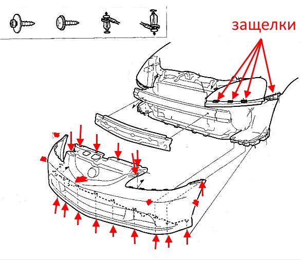Schéma de fixation du pare-chocs avant Acura RSX (Honda Integra) (2002-2006)