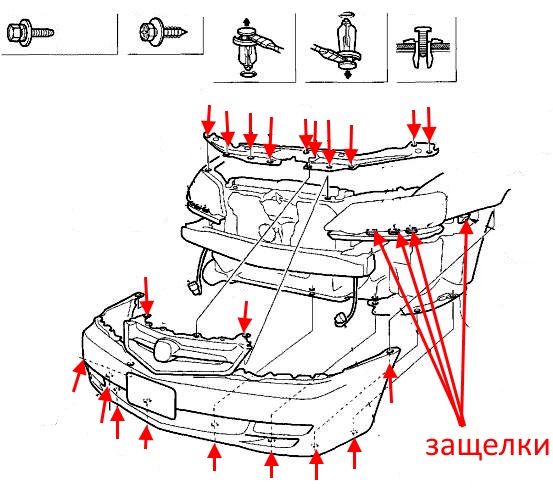 diagrama de fijación del parachoques delantero Acura TL (Honda Inspire) (1998-2003)