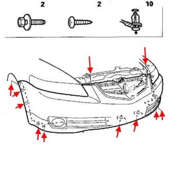 Diagrama de montaje del parachoques delantero del Acura TL (2004-2008)