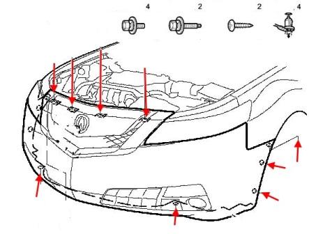 Diagrama de montaje del parachoques delantero del Acura TL (2008-2014)